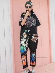 Vefadisa Black Army Green Orange-red Cartoon Printed Women Jumpsuits 2024 Summer Women Jumpsuits Wide Leg Pants Rompers QYF5403