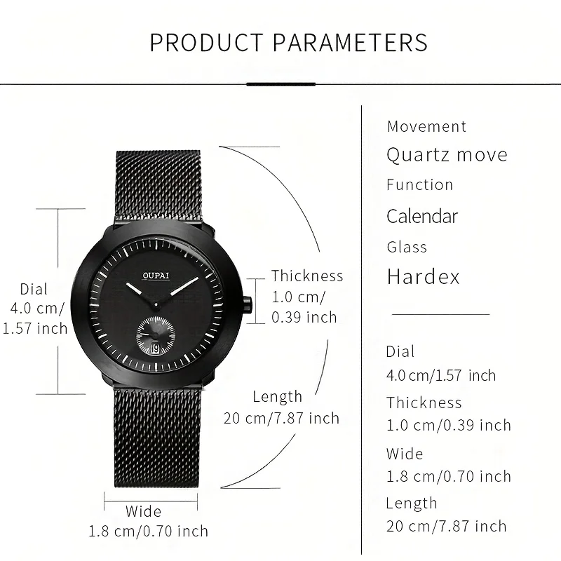 Oupai круглые черные кварцевые часы из нержавеющей стали, простые и спортивные часы, мужские наручные часы с календарем, водонепроницаемые