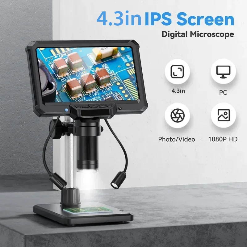 New Digital Microscope 4.3in 1200X Magnification for Coin PCB Circuit Repair 16MP HD Soldering Microscope with Lights, PC View