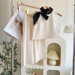 Girls Clothes Set Summer Sleeveless Bow Vest Shirt+Wide Leg Pants Princess Kids Clothing Suits Children Casual Sets 2-8Yrs