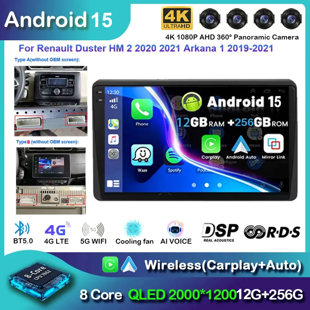 

2din Android 15 Car radio for Renault Duster HM 2 2020 2021 Arkana 1 2019-2021 Multimedia Player 4G GPS Navi Carplay AutoRadio