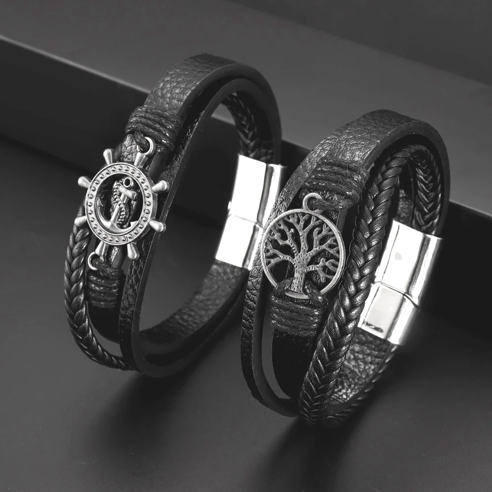 

Trend Multilayer Leather Weaving Tree of Life Bracelet Charming Men's Bracelet Magnetic Buckle Fashion Jewelry Accessories Gift