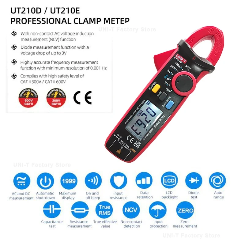 UNI-T UT210D UT210E профессиональный измеритель переменного/постоянного тока, щипцы, амперметр, цифровой мультиметр True RMS, Электрический Мульти-тестер
