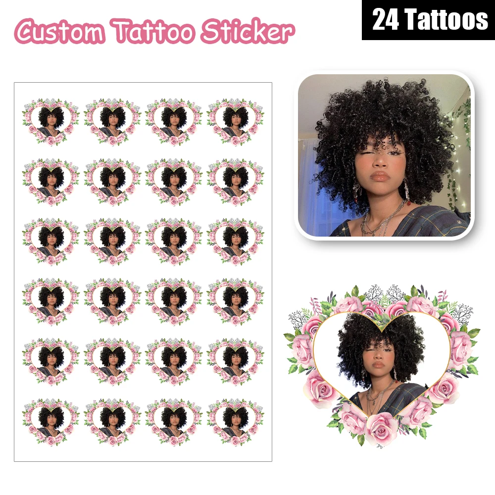 

24 Designs Customized Personalized Waterproof Temporary Tattoo Sticker DIY Fake Tato Photo Design With Pink Love Heart Wreath