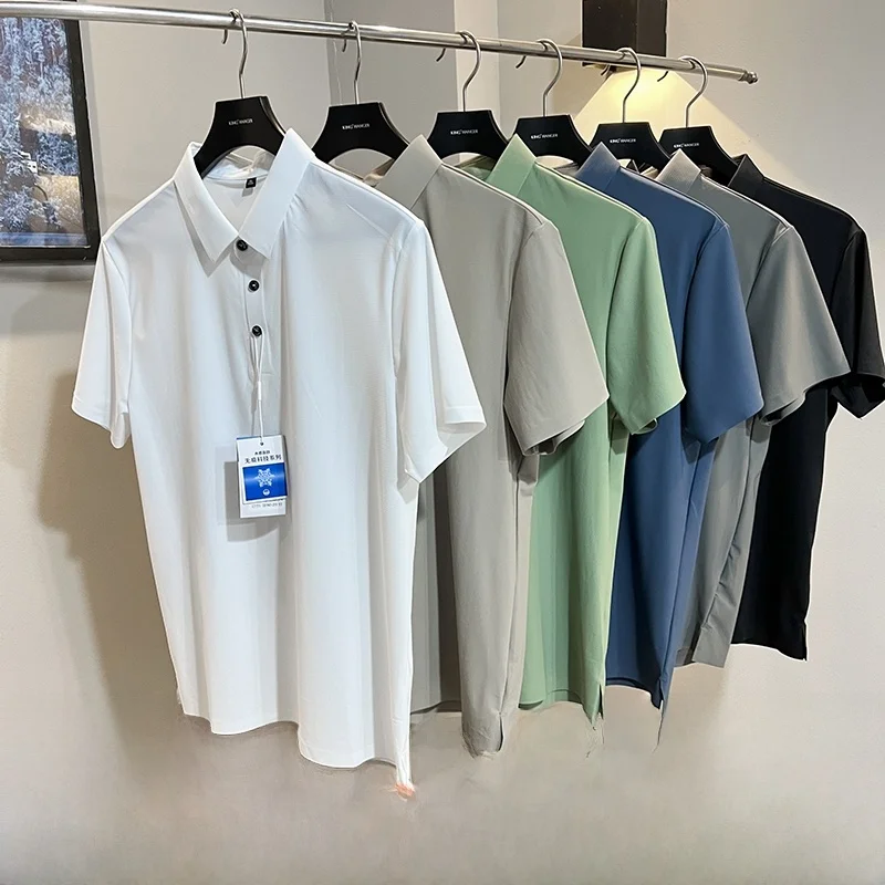 

Ice Silk Men's irt ort Sve Comfortable Four-Way Stretch Stand Fit Basic Sle Summer Faion Urban Pure Color