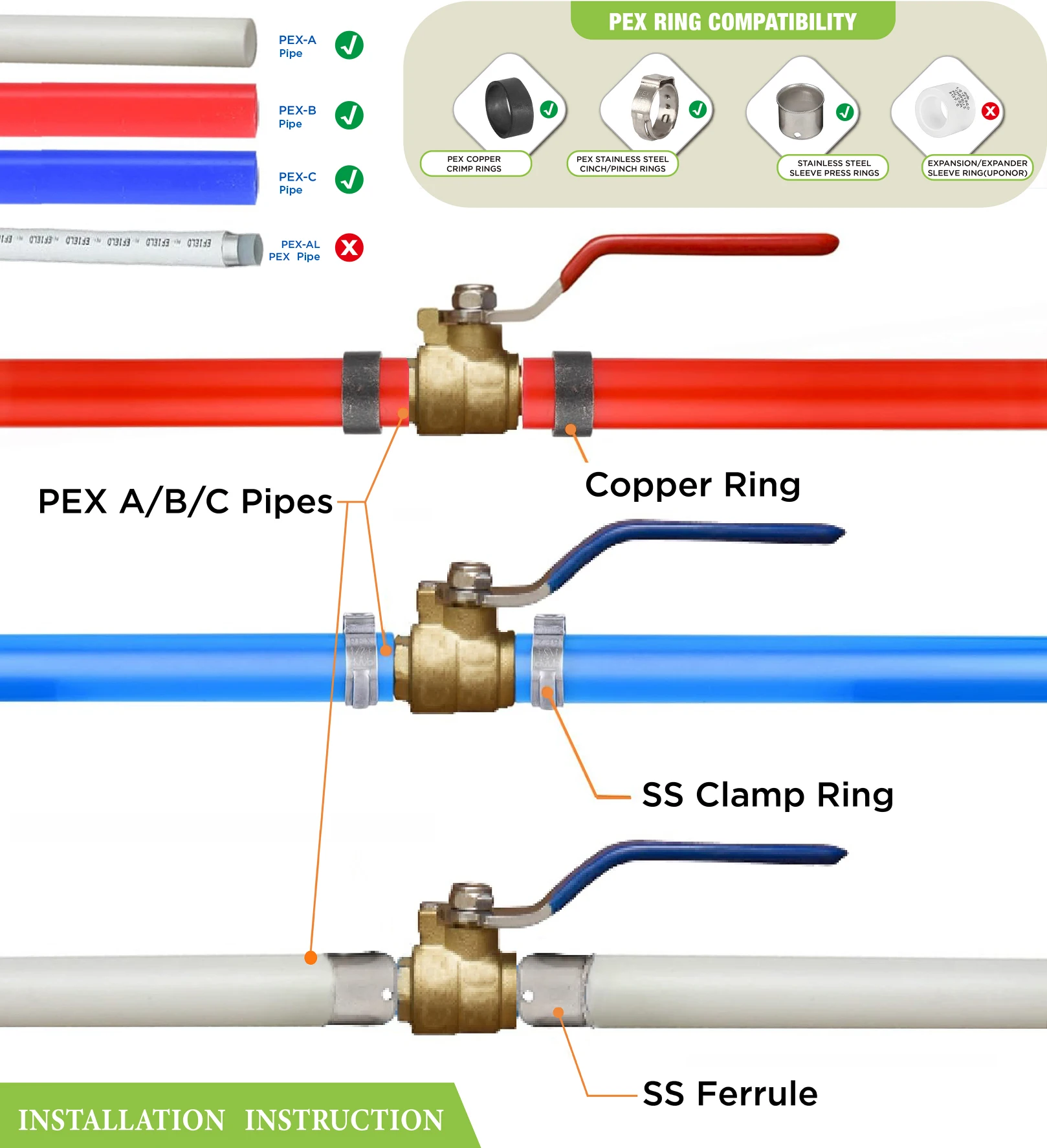 Valvola a sfera PEX a crimpare KING SMART/F1807 PEX da 1/2" a porta completa; per sistema di acqua calda e fredda; 2 pezzi/custodia; 80401