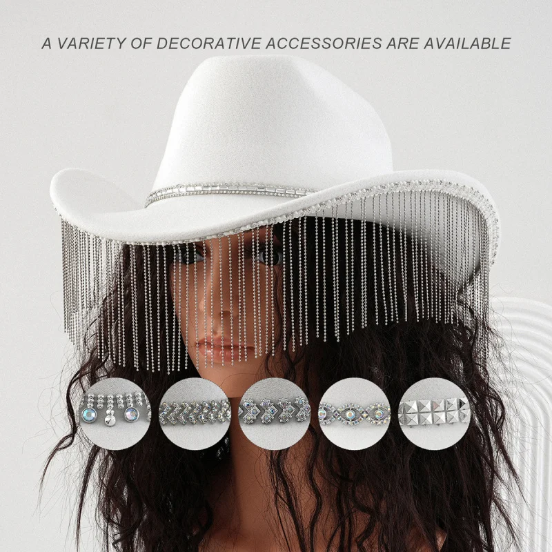 

Women's Luxury Long Tassel Pendant Cowboy Cowgirl Hats Round Gemstone Heart Shape Rhinestone Bride Hat for Wedding