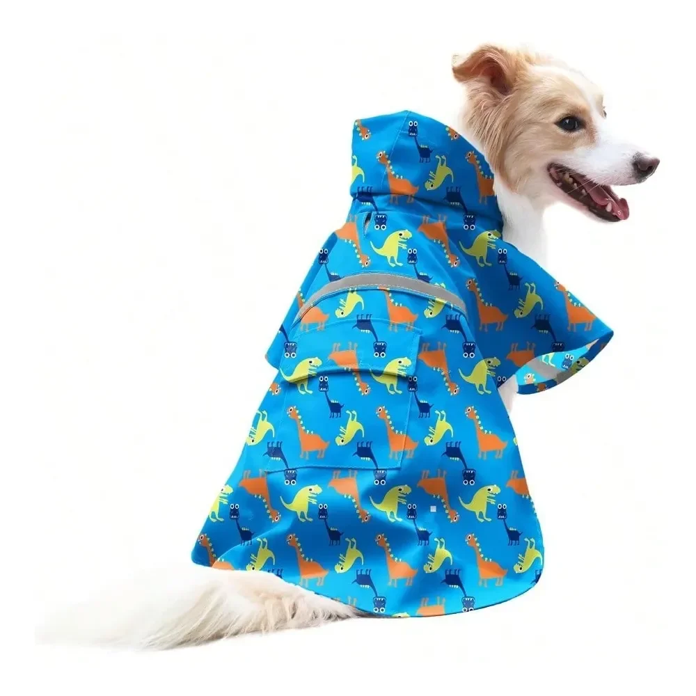 

Large Dog Raincoat Adjustable Pet Dinosaurs Water Proof Clothes Lightweight Rain Jacket Poncho Hoodies With Strip Reflective Bl