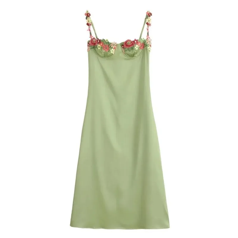 Vestido largo de satén con encaje bordado y tirantes para mujer, vestido Sexy sin mangas de estilo francés, cintura alta, corte en A