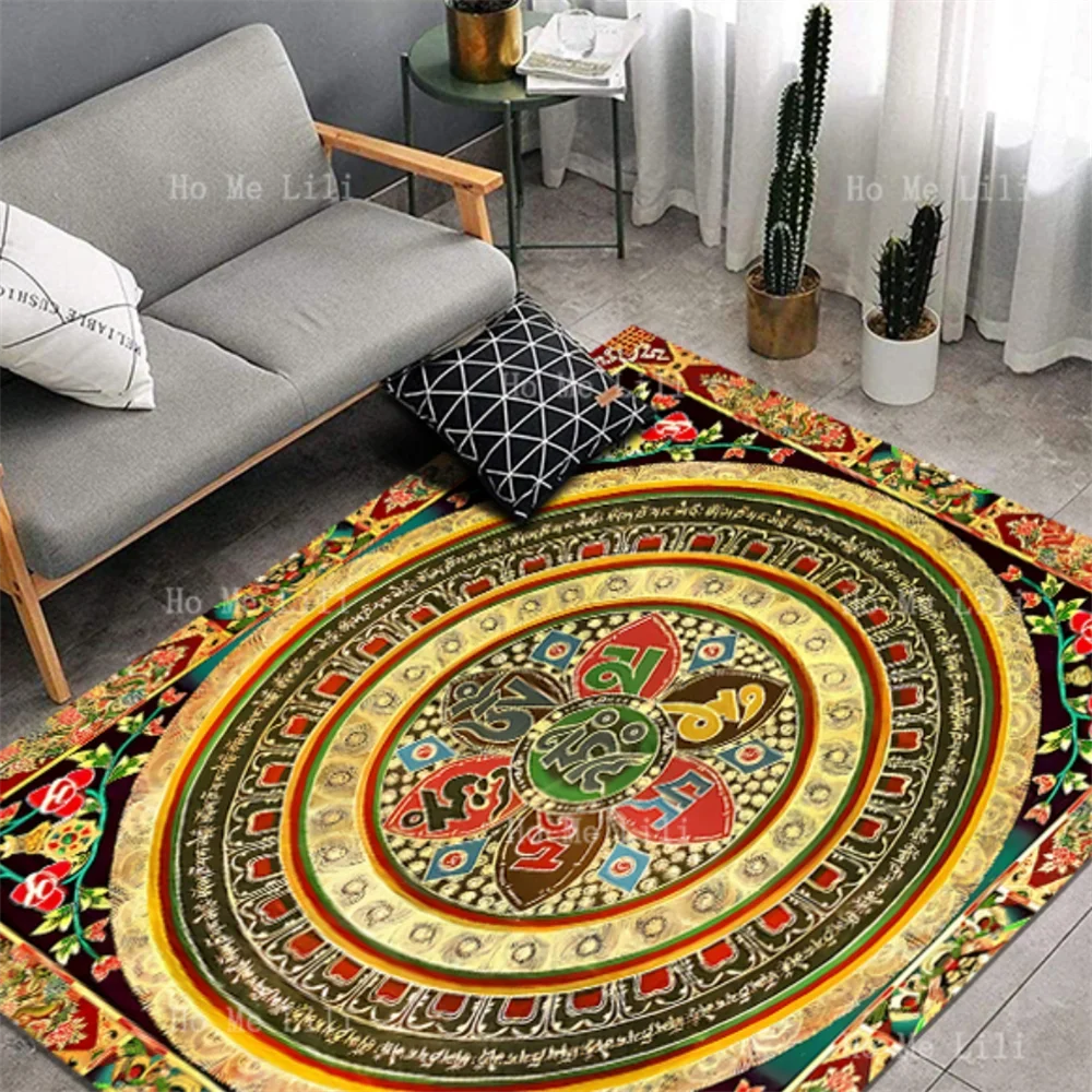 Hand-Painted Datura In Geometric Figures. Non Slip Flannel Floor Rugs