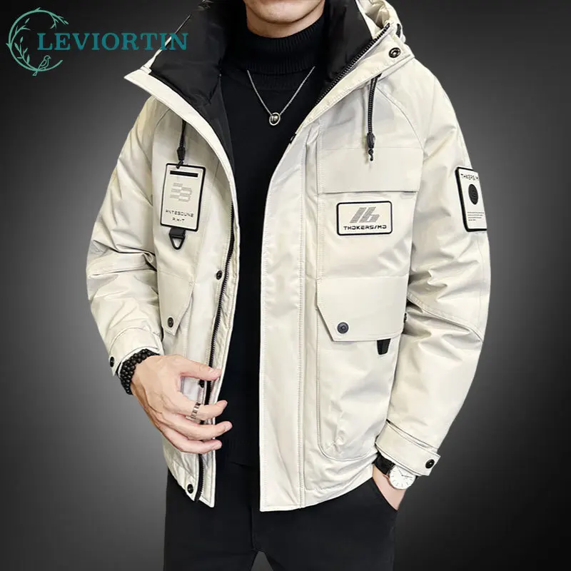 Fall Winter Men\'s Cargo Hooded Down Jacket Hip Hop Cold And Warm Functional Tooling Coats Comfortable Outdoor Workwear Down Coat