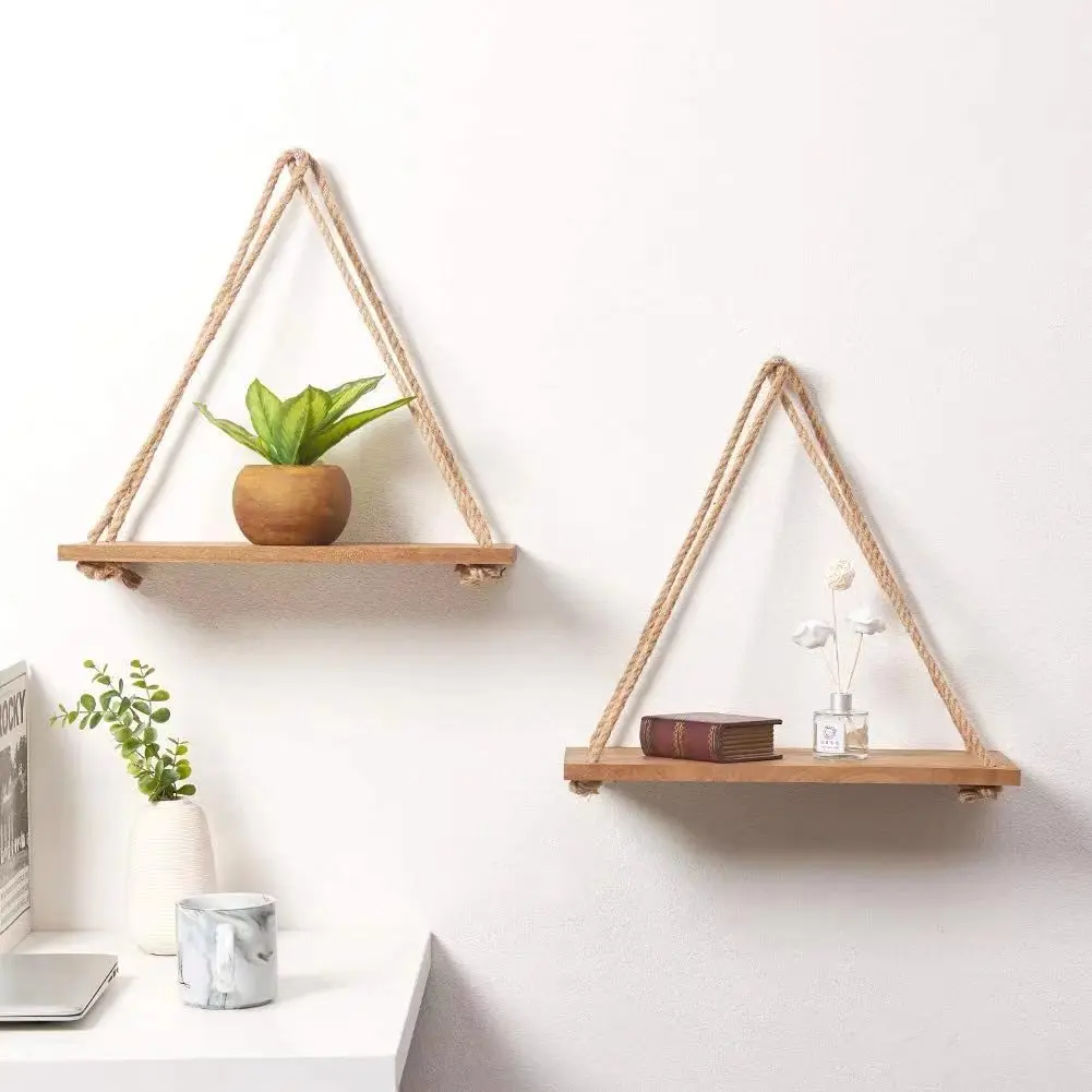 1PC Wooden Swing Hanging Hemp Rope Wall Shelve Mounted Floating Home Living Room Plant Flower Pot Tray Storage Garden Decoration