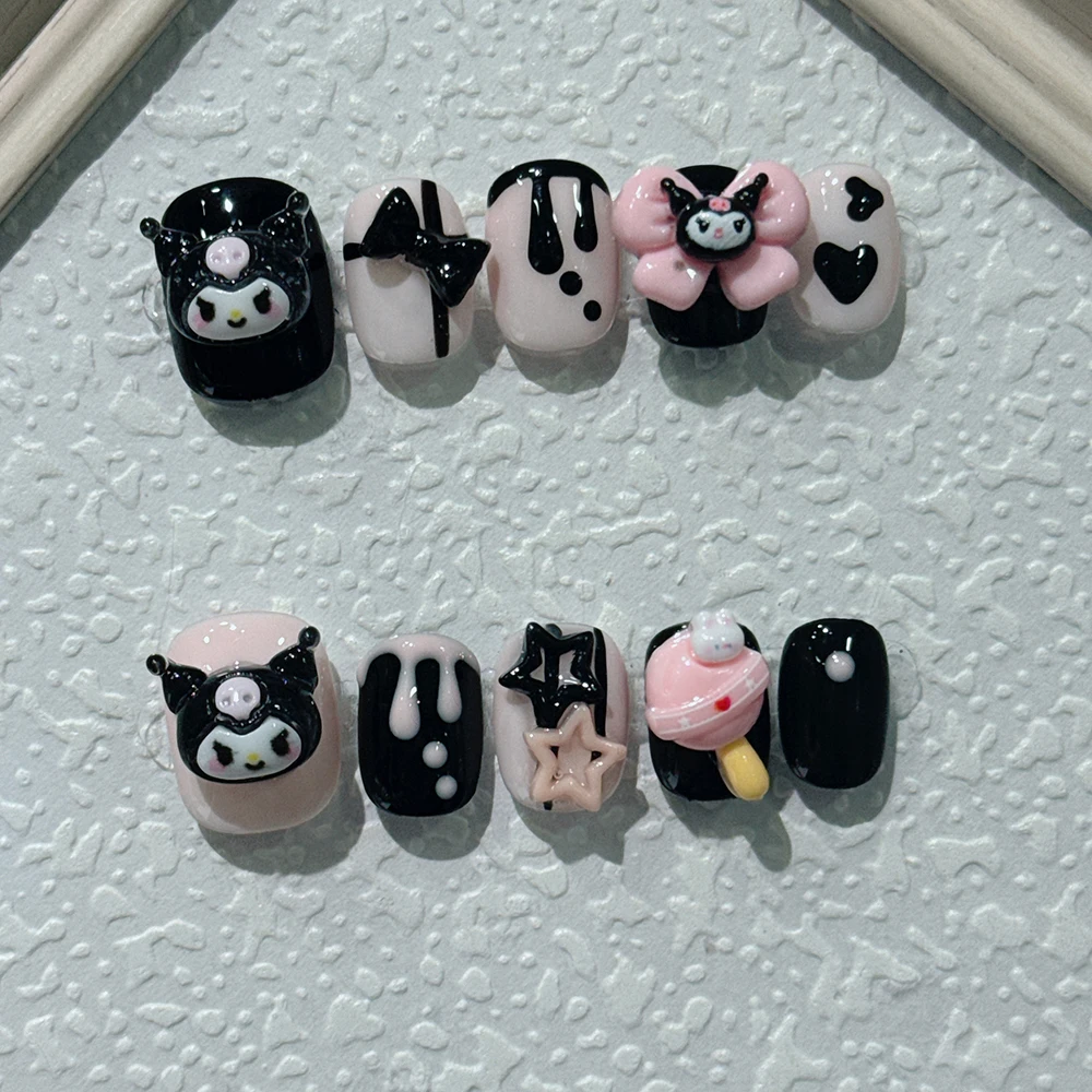 Handmade Sanrio Cute Short Fake Nail Hello Kitty Kuromi Cinnamoroll Pink Monster Eyes Design Full Cover Nail Tips Holiday Gift