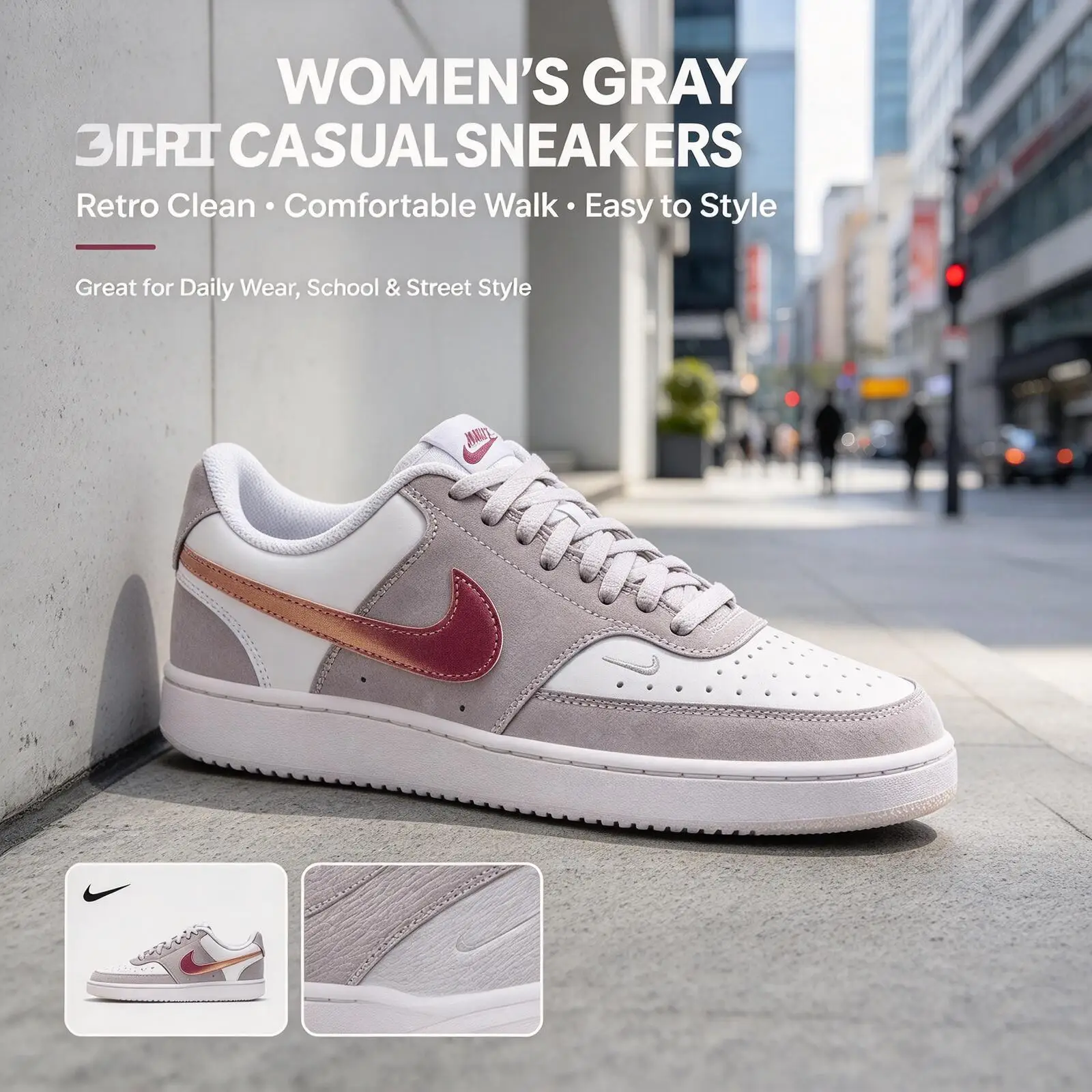W NIKE COURT VISION LO LX IU7630-200 Women Low Top Sneakers, Gray White Leather Mix Casual Shoes with Burgundy Swoosh Gum Sole