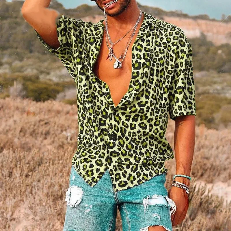 Summer Men's Leopard Print Shirt Fashion Trend Short Sleeve Casual Loose V-neck Button Top T-shirt Club Party Casual Top