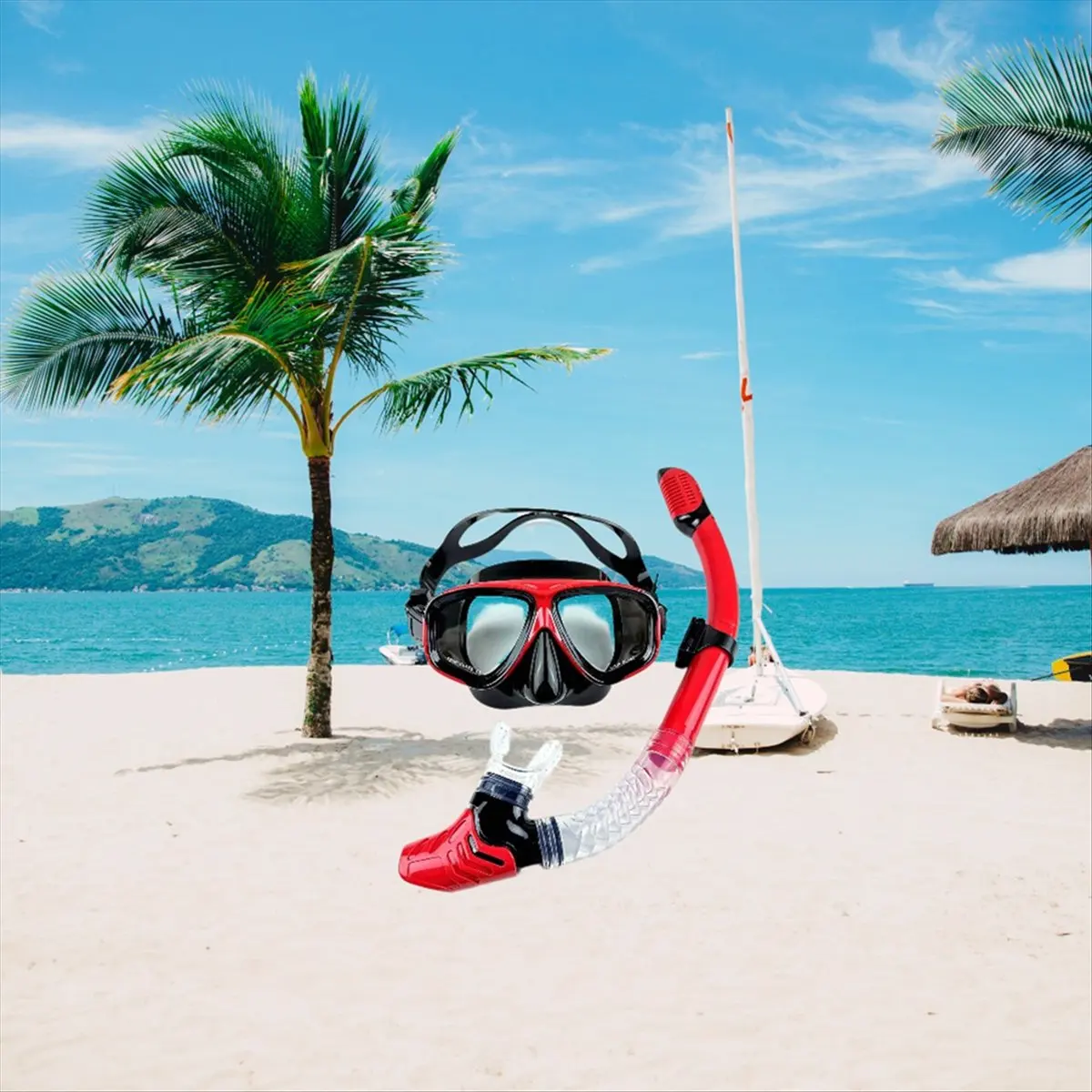 Dual Lens Snorkeling Mask with Breathing Tube, Adult 18+ Years Silicone Skirt Scuba Diving Goggles Set Red