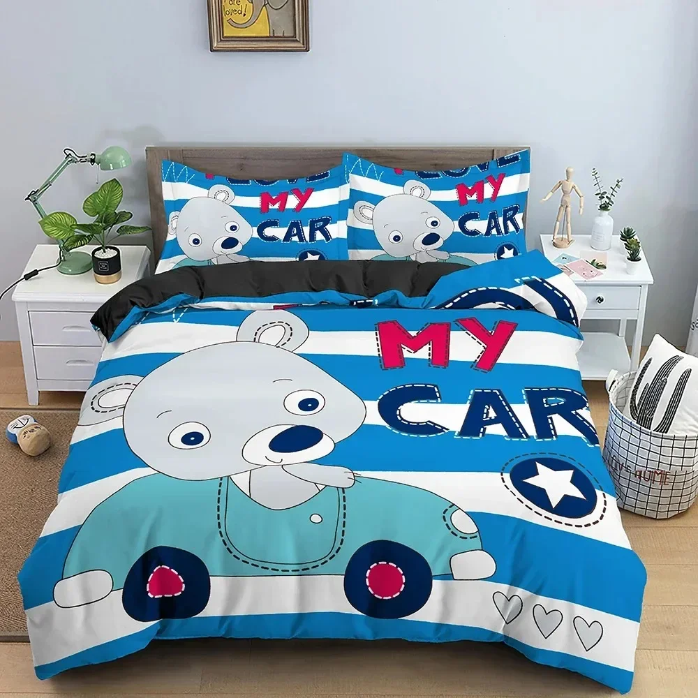 3D Print Cartoon Bear And Car Bedding Set Boys Girls Twin Queen Size Duvet Cover Pillowcase Bed Kids Adult Home Textiles