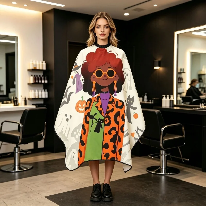 Beauty Cartoon Style Hair Salon Robe Breathable Non Stick Hair Cutting Apron Barber Shop Cloak Tools Hairdressing Workwear Hat