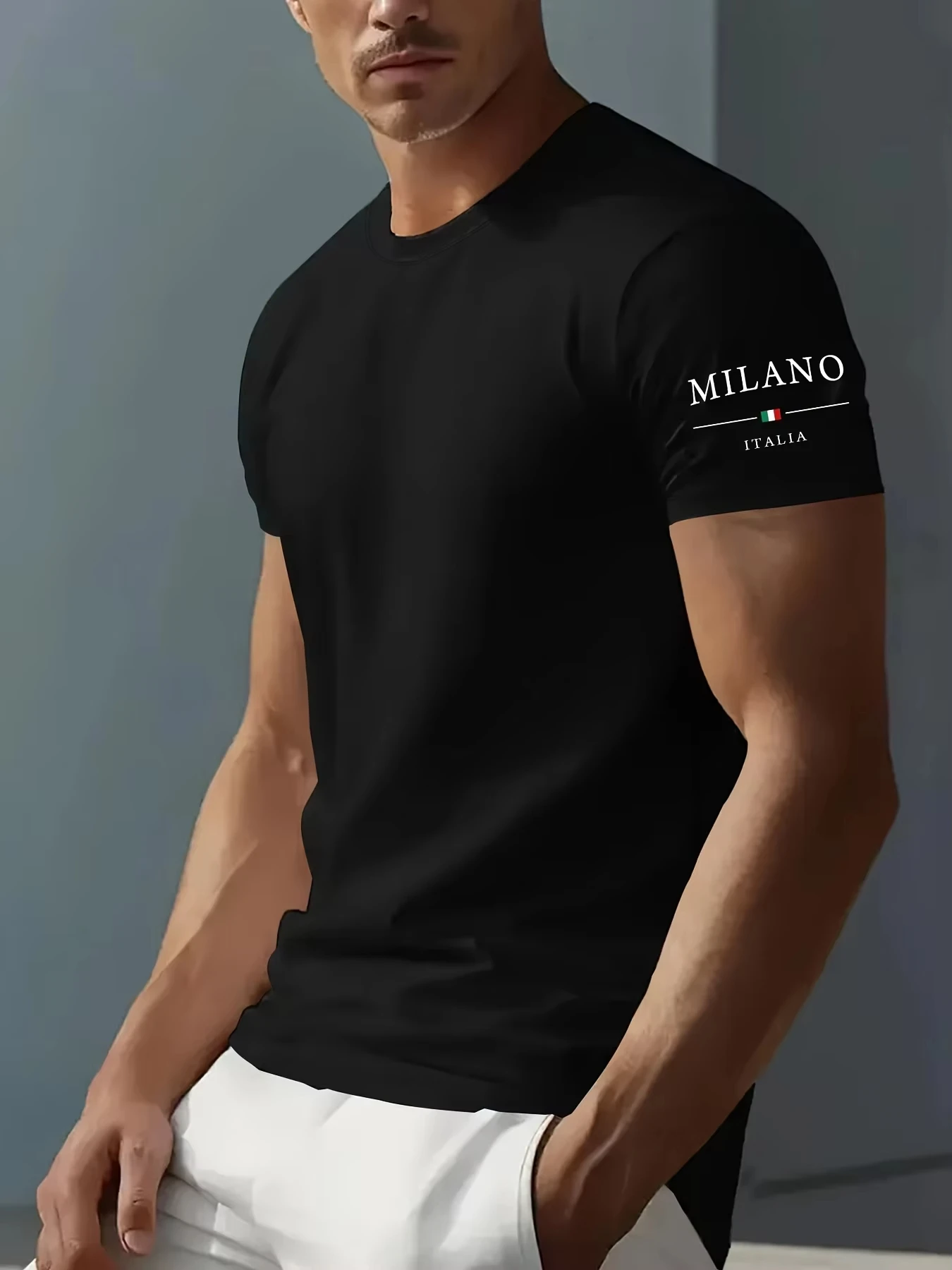 100_ pure cotton men's summer casual sports fashionable loose MILANO ITALIA pattern printed round neck short sleeved T-shirt top