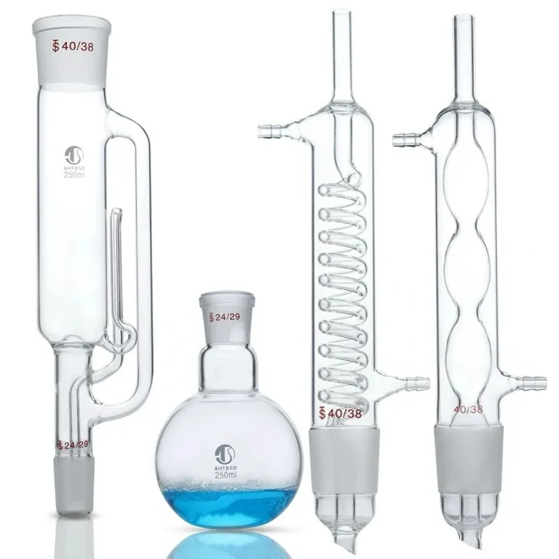 Extractor Soxhlet de Vidrio para Laboratorio de 150/250/500ml, Condensador y Cuerpo del Extractor, Material de Vidrio para Laboratorio, Set Esférico en Forma de Serpiente para Grasa