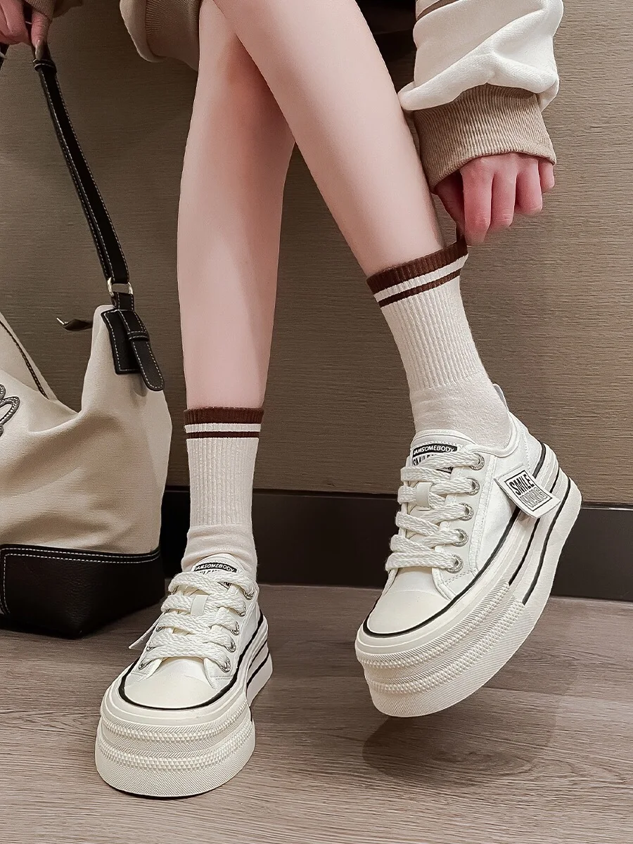 Withered Fashion Blogger High Street Retro Thick Bottom Increased Flat Casual Sneakers Women Contrast Color Canvas Shoes