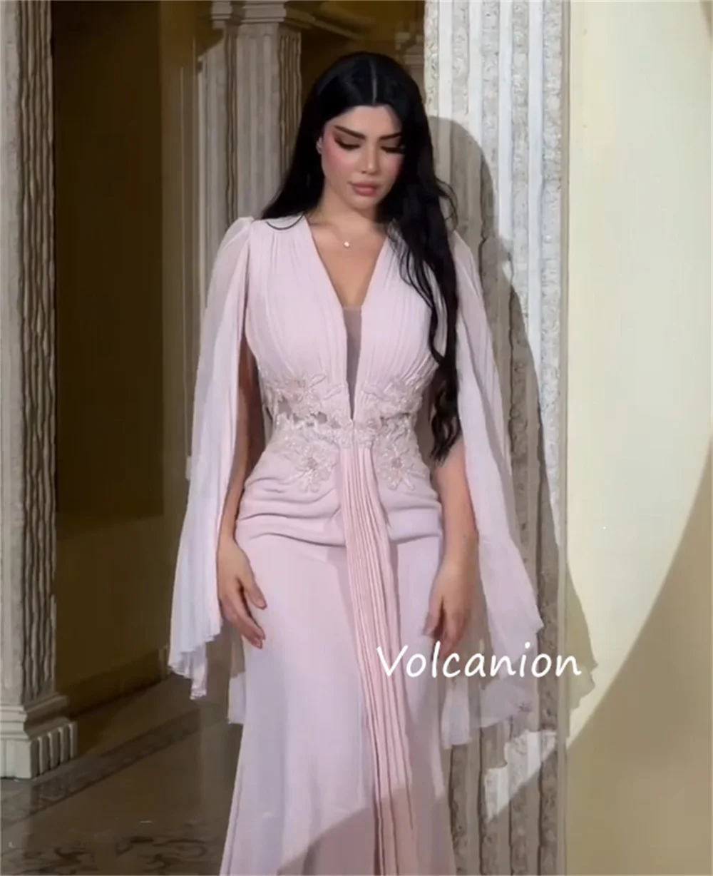 Customized Exquisite Jersey Pleat Sequined A-line V-neck Long Prom Dresses Bespoke Occasion Celebrity Chinese Style