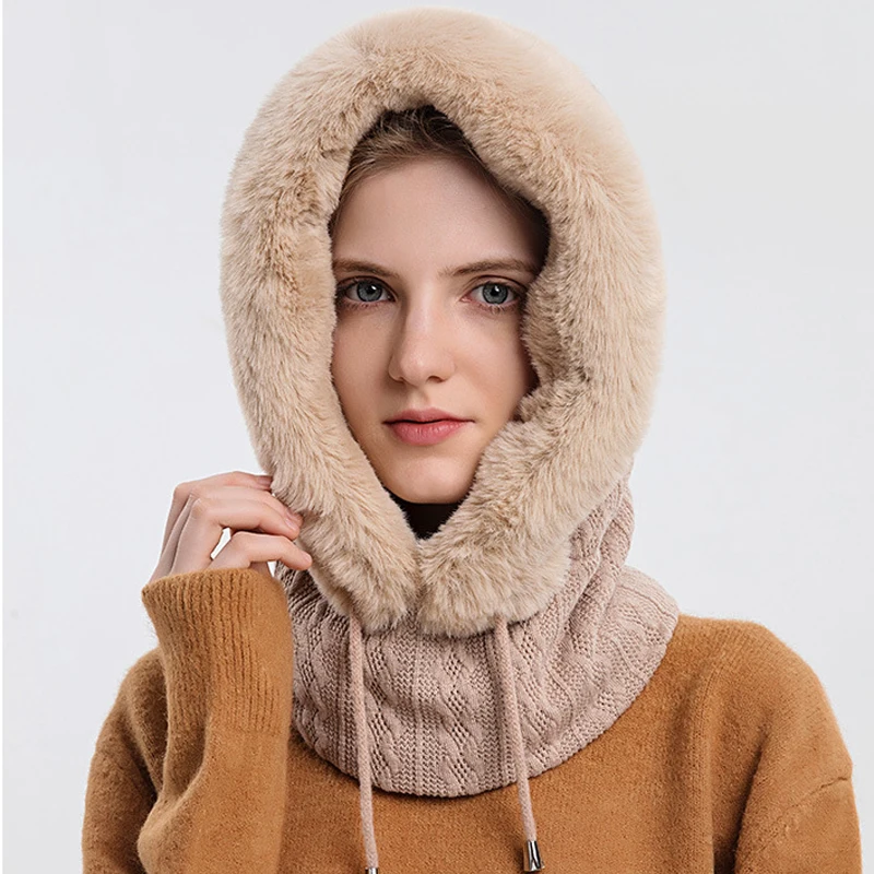 

Women Winter Knitted Plush Warm Hat Fashion Solid Color Cold Mask One-piece Hat Outdoor Skiing Riding Windproof Warm Hat Scarf