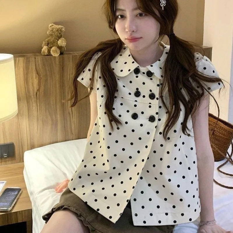 2000s Harajuku Vintage Kawaii Short Sleeve T Shirts Y2k Summer French Sweet Polka Dot Tees Women Japan Style Lolita Blouses Chic 3