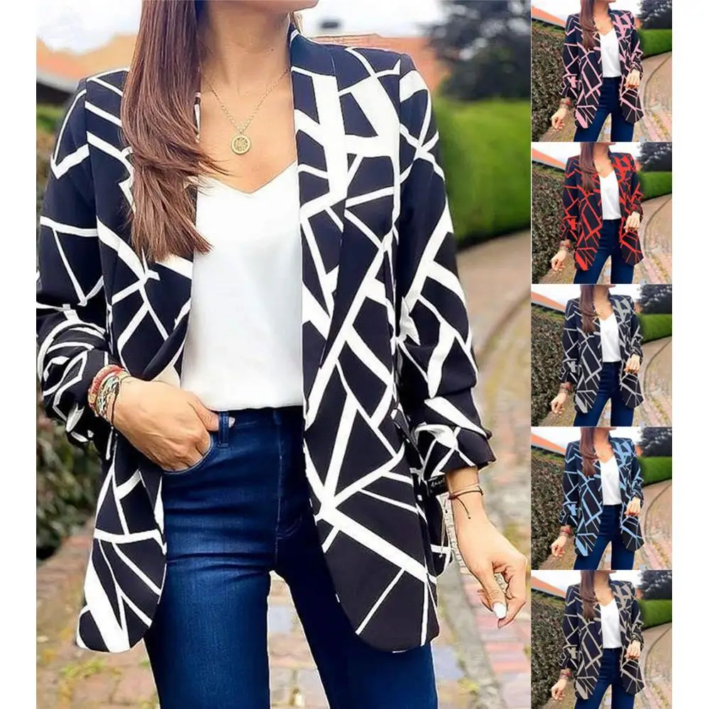 

Printed Suit Collar Buttonl Small Jaet Women's Slim Fit Commute Sle Long Sve Polyester Fiber Busin Suit