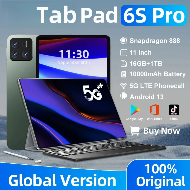 2024 Pad originale 6S Pro versione globale HD 4K Android 13.0 Snapdragon 888 11 pollici 16GB + 512GB 10000mAh Tablet PC 5G Dual SIM WIFI