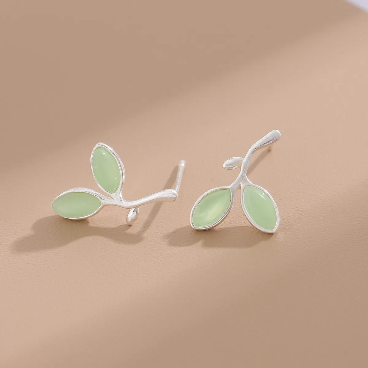 Nature Art Fashion Student Jewelry 925 Sterling Silver Green Leaf Stud Earrings For Women Girl