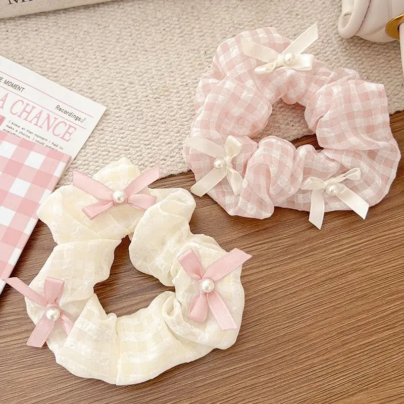 Sweet Fabric Pink Gingham Hair Ring Bowknot Large Intestine Hair Ring for Women's Tying Hair Elastic Band Fashion Hair Accessory