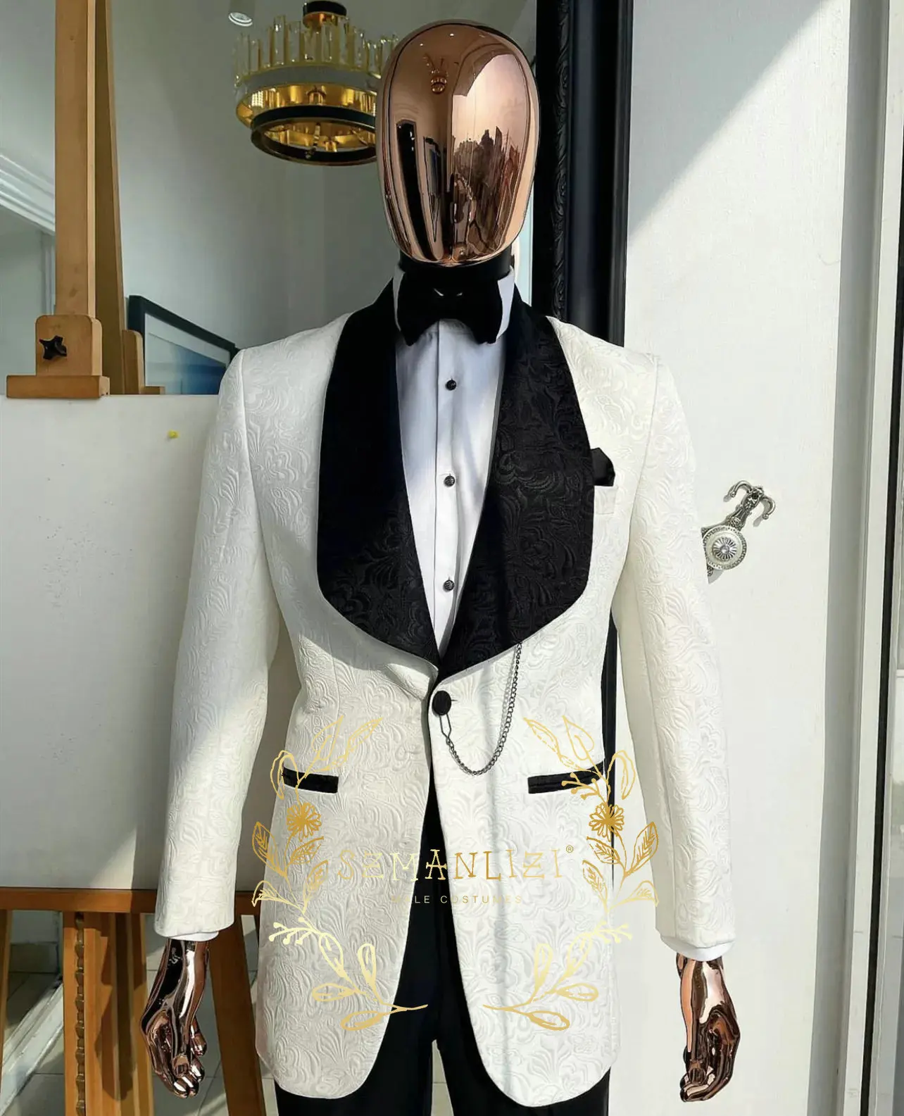 Męski garnitur ślubny slim fit z białą kurtką w kwiaty, smoking, granatowy garnitur na przyjęcie weselne z paisley'owym kołnierzem, strój dla pana młodego, garnitur dla drużby, marynarka Homme.