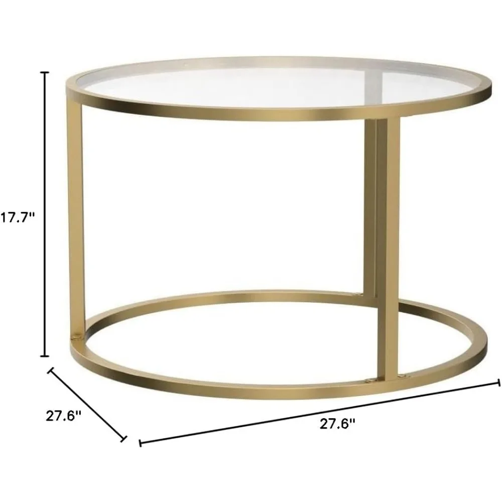 Runder Couchtisch aus Glas mit goldenem Rahmen für kleine Räume, moderner, minimalistischer Mitteltisch für Wohnzimmer oder Büro, einfache Montage