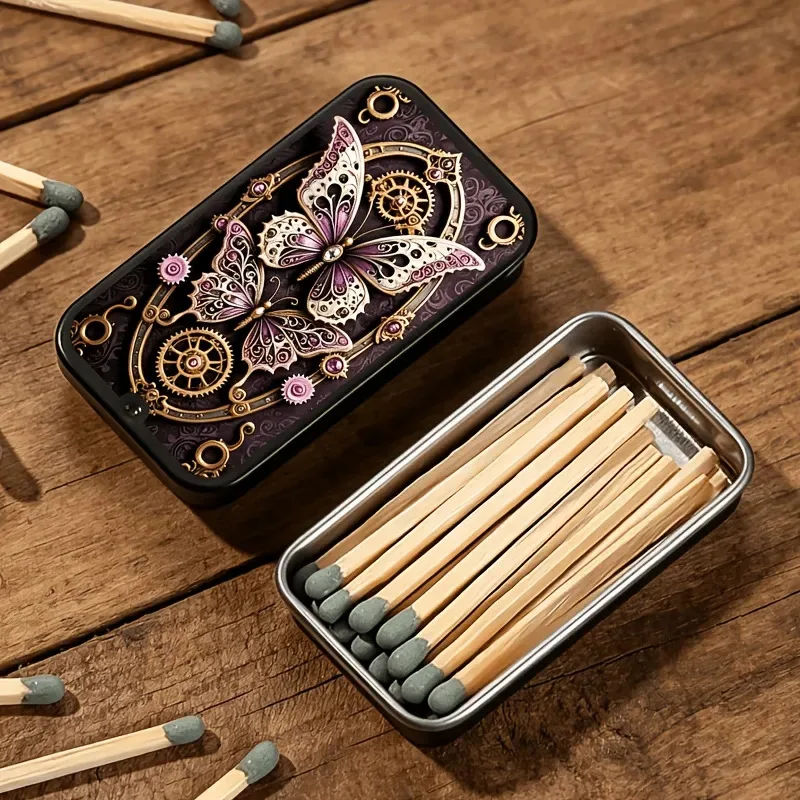 Vintage Steampunk Butterfly Match Storage Tin, Rectangular Metal Matchbox Holder, Portable Decor Box for Matches & Small Items
