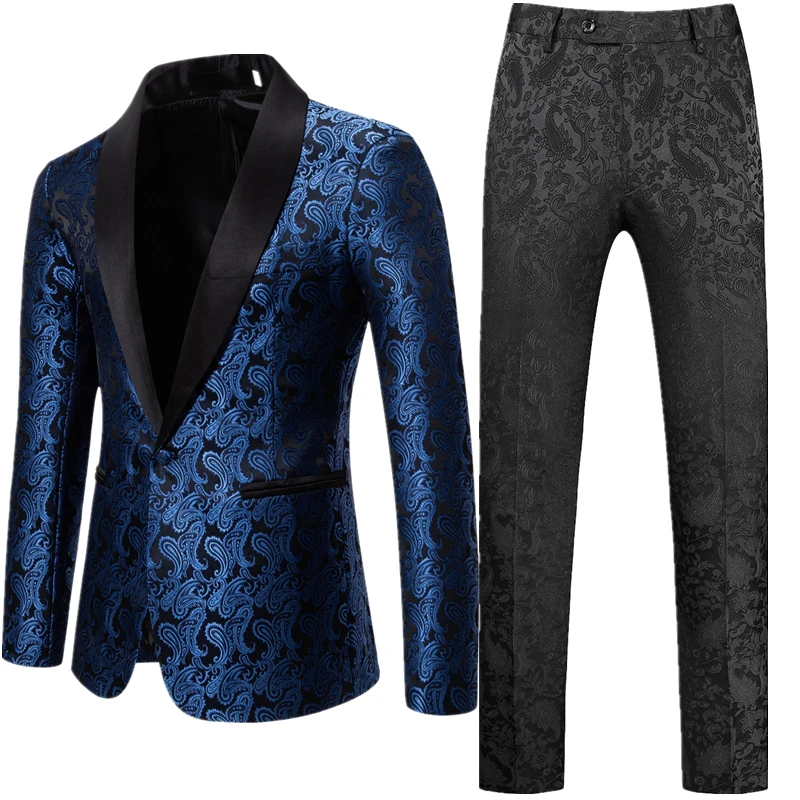 Burgundy Cashew Flower Men\'s Suit Two Piece, Wedding Party Dress Jacket with Pants White Blue Black Blazers and Trousers S-XXL