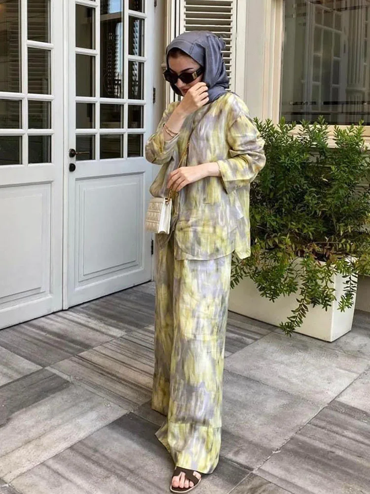 HH Autumn Two Piece Set For Women Vintage Printed V-neck Long Sleeve Top+ High Waist Elasticated Paneled Wide-leg Loose Pant