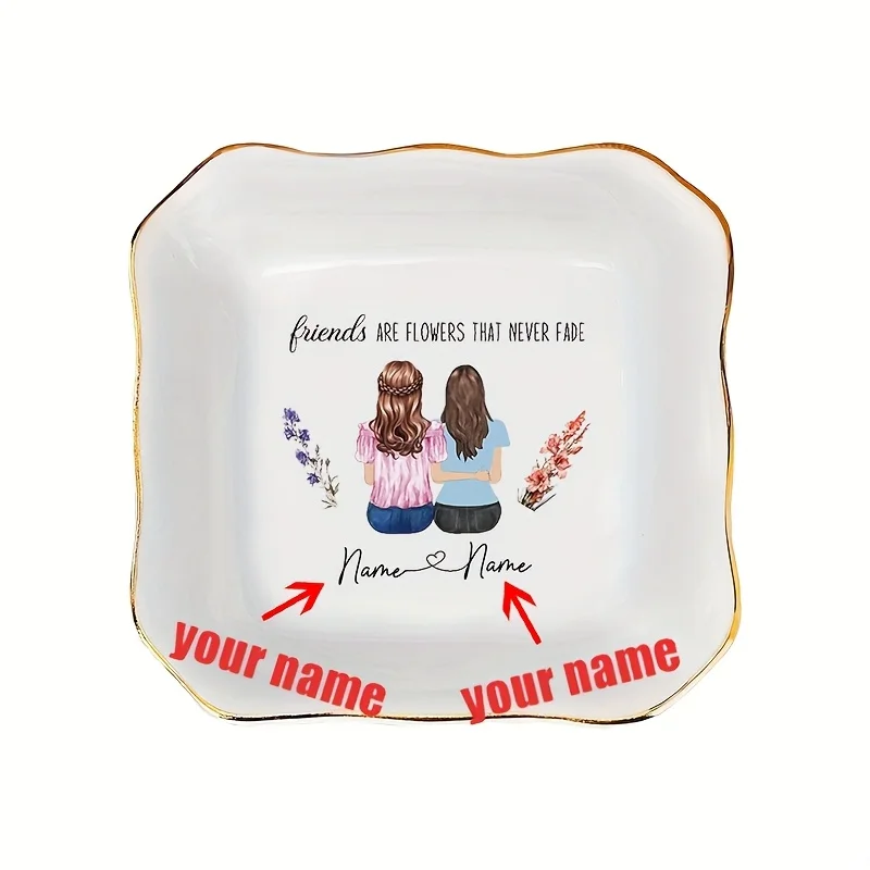 1pc, customized name, flower/letter print pattern, ceramic jewelry dish, suitable for bedroom, office, desktop, dressing table,