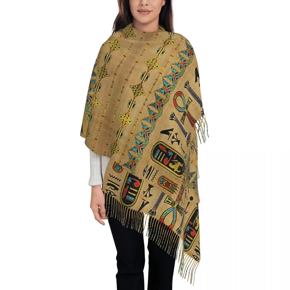 Egyptian Cross Ankh Ornament On Papyrus Scarf Tassel Scarves Women Soft Warm Shawls and Wraps Long Fall Winter Shawl Wrap