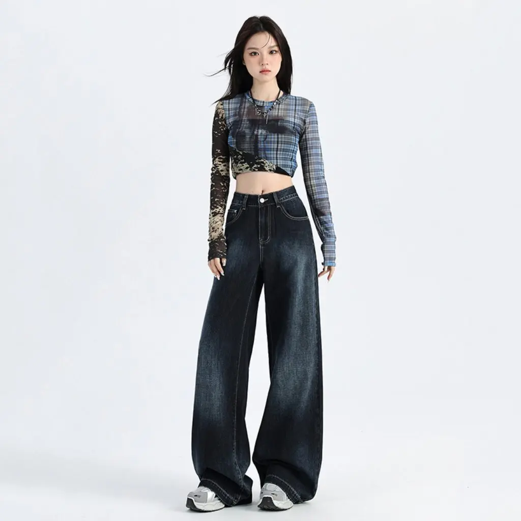 

Женские ранняя осень в стиле ретро, американские темные широкие прямые джинсы, свободные брюки со шваброй, новый стиль