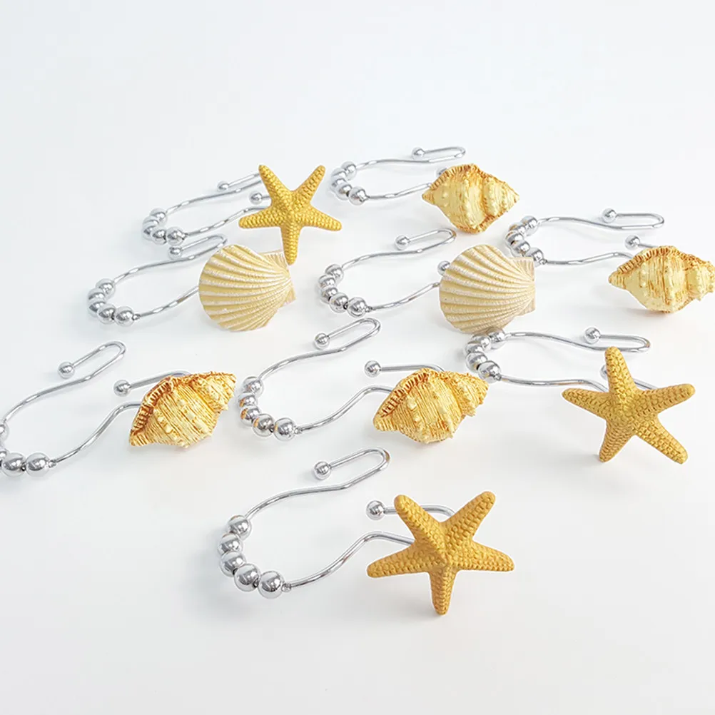 

12 шт. крючков для шторки для ванной из нержавеющей стали, металлические вешалки с декором из смолы в виде ракушек и морских рыб, двойные кольца, плавное скольжение