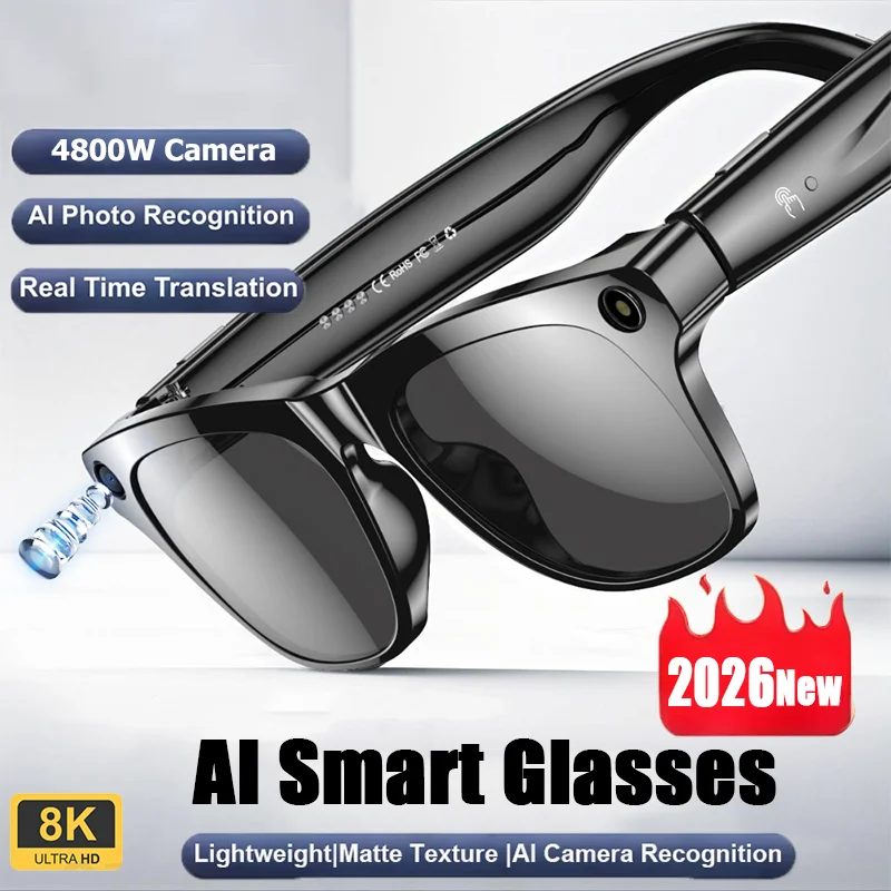 AI Smart Glasses 8K HD Camera LED Light Translation Dialogue Meeting Video Record Outdoor Sports Sunglasses 2026 New