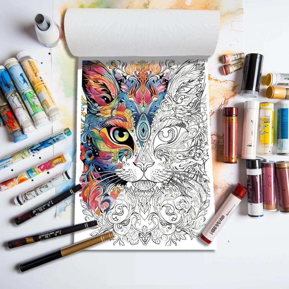 1pc,A4 Teenagers Coloring Book ,Meow Coloring Book,25 Different Patterns,100gsm Thick Paper,Stress Relief,Birthday Gift