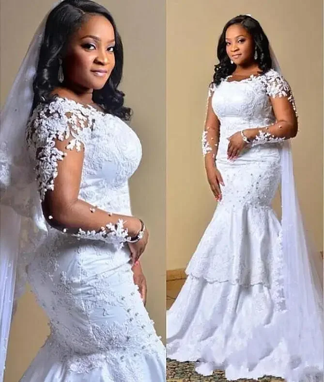 Customized South African Mermaid Wedding Dress Lace Appliques Sheer Long Sleeves Bridal Gowns Plus Size Sweep Train Vestidos Cus