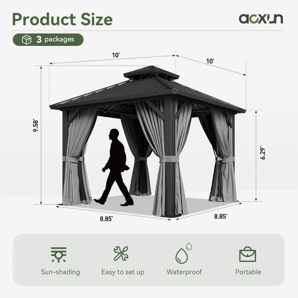 Gazebo de topo rígido de 10'x10', dossel com estrutura de alumínio com telhado duplo de aço galvanizado, pavilhão externo de metal com rede, cortinas