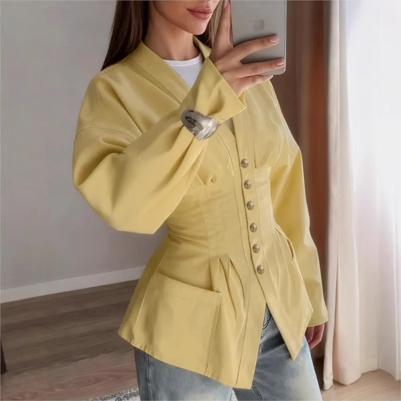 

Retro Pleated Slim Fit Waist Slimming Cardigan Autumn New Women Casual Solid Color Button Long Sleeved Shirt Pocket Pulls Femmes