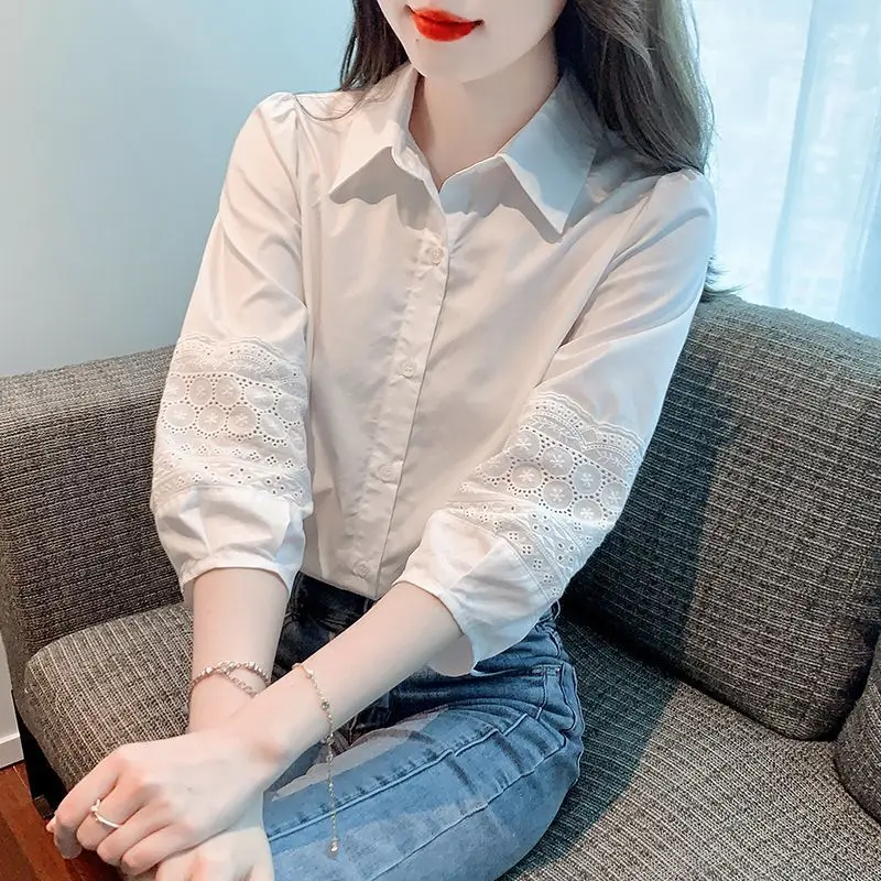 Elegant Solid Color Cotton Single-breasted Blouse Women Classic Three Quarter Hollow Out Lady Office Polo Collar Lady Shirt