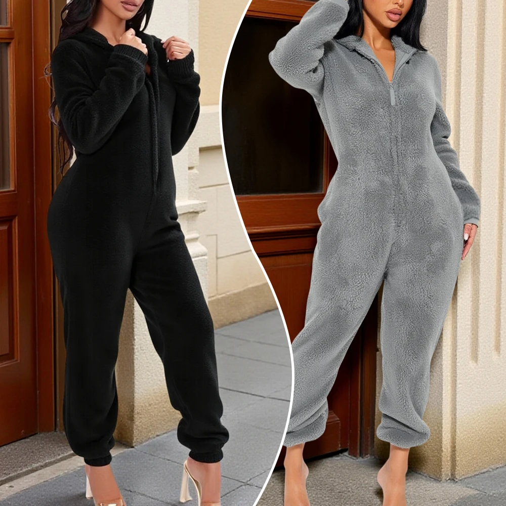 Women's Plush Jumpsuits Autumn Winter Flannel Pajamas Long-Sleeve Zipper High Neck Hat Keep Warm Girl‘s Cloth Sleepwear Homewear