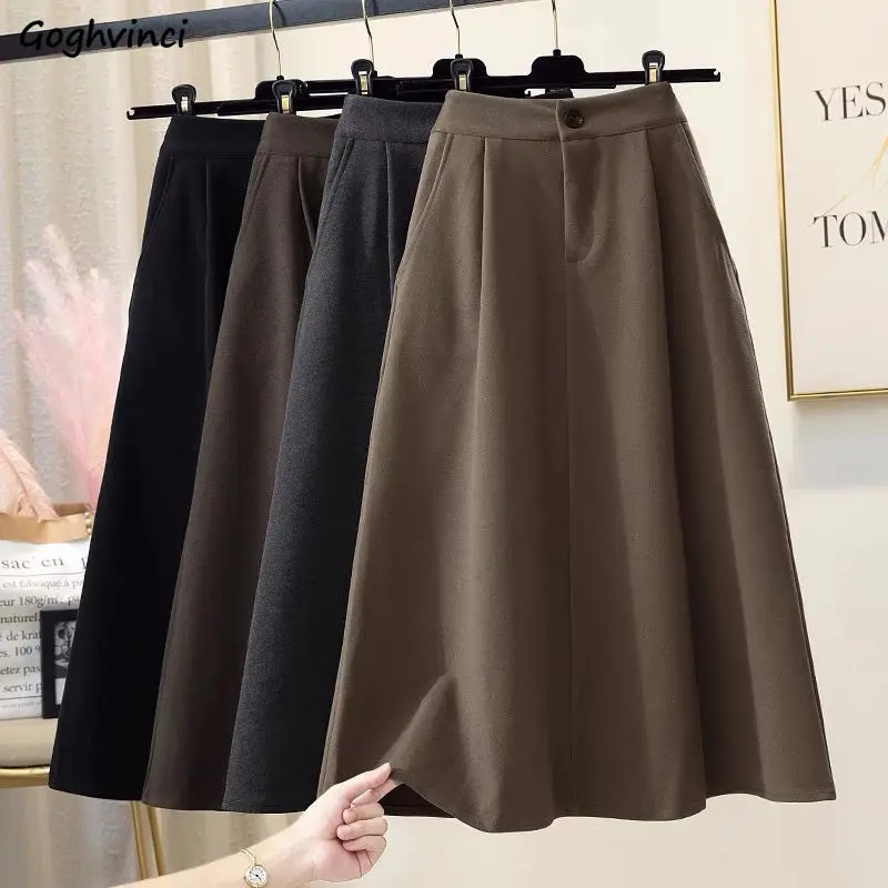 

High Waist Midi Skirt for Women Temperament Mori-girl A-line Fall Winter Korean Elegant Ladies Black Skirts Retro Gentle Faldas