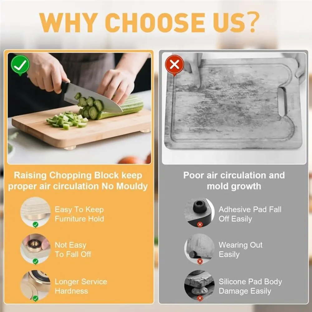 

8 латунных ножек для разделочной доски с резиновыми противоскользящими накладками для повышения устойчивости на гладких поверхностях, таких как гранит или ламинат.